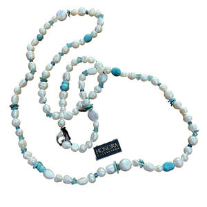 Honora Freshwater Pearl & Turquoise Bead 40” Necklace 925 Sterling Clasp NWT